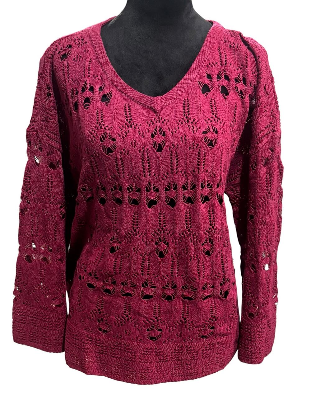 Indigo Thread Co. Burgundy Open‑Knit V‑Neck Sweater – Size L 100% Cotton